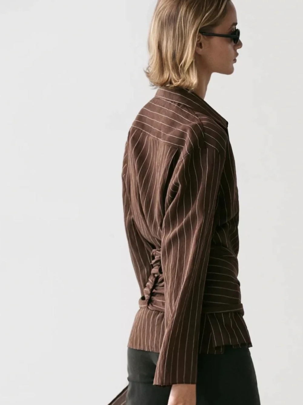 Massimo Dutti NWT Brown Pinstripe Wrap-Accent Shirt Blouse Small 5131/531 - Picture 8 of 10